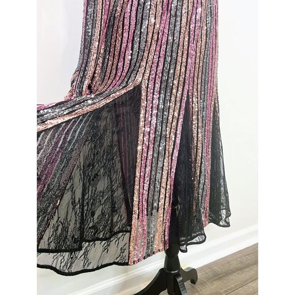 Marchessa Notte Cocktail Dress in Multicolor Striped Size 6 Sequin Lace Panel - Picture 4 of 5